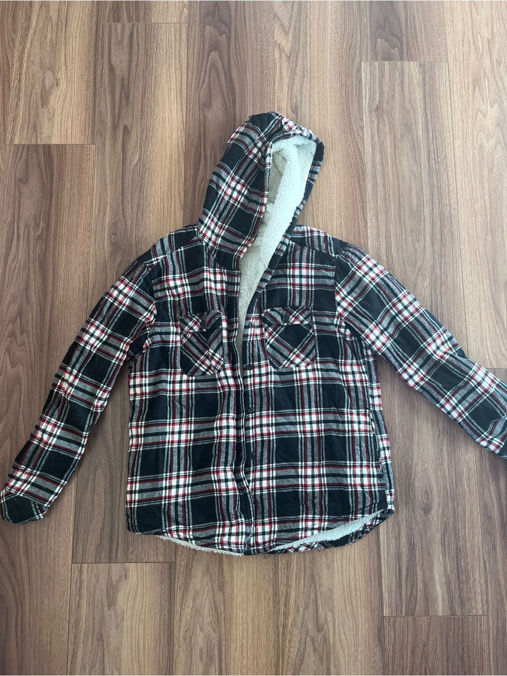 Boston Traders Black & Red Plaid Sherpa Hooded Puffer Shirt Jacket